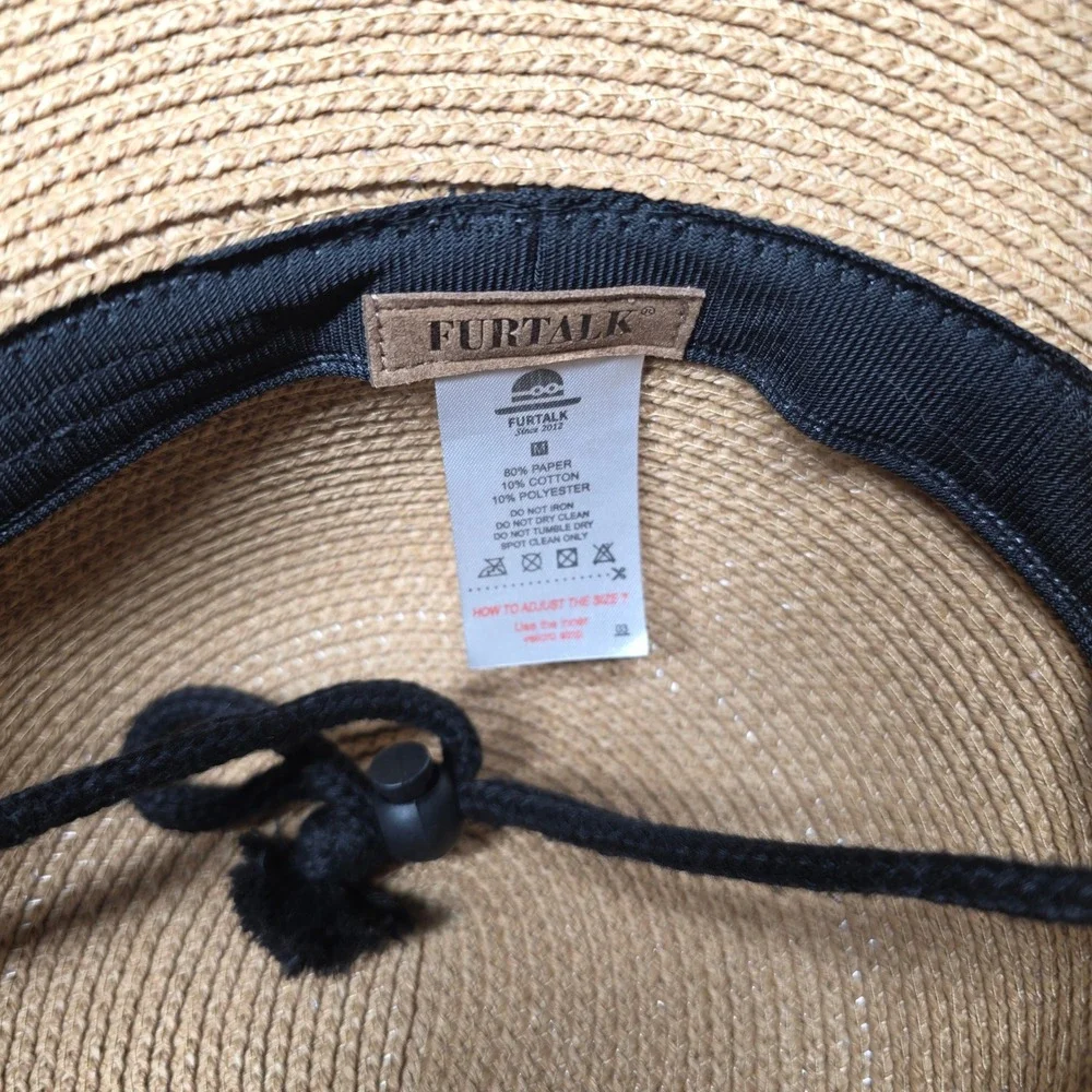 FURTALK Womens Straw Sun Hat Tan Wide‎ Brim Adjustable Chin Strap Size M
